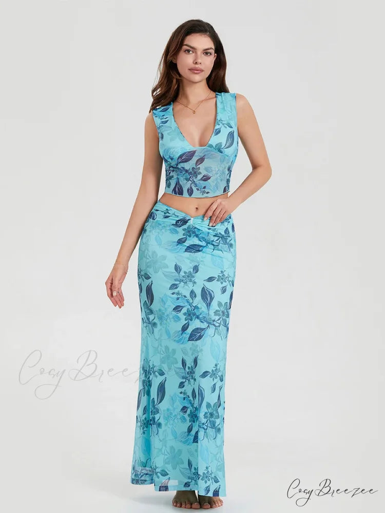 Boho Blue Floral Back Bandage Tank Dress floraldress-250126