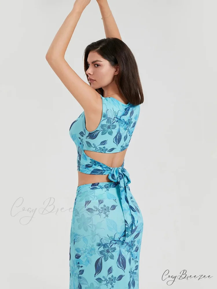 Boho Blue Floral Back Bandage Tank Dress floraldress-250126