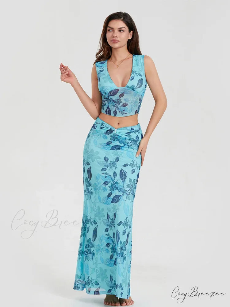 Boho Blue Floral Back Bandage Tank Dress Blue / S floraldress-250126