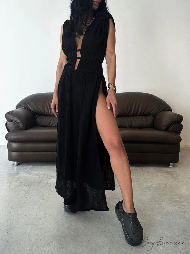 Boho Braids Belt Cutout Graceful Slit Kaftan Maxi Dress Black / S