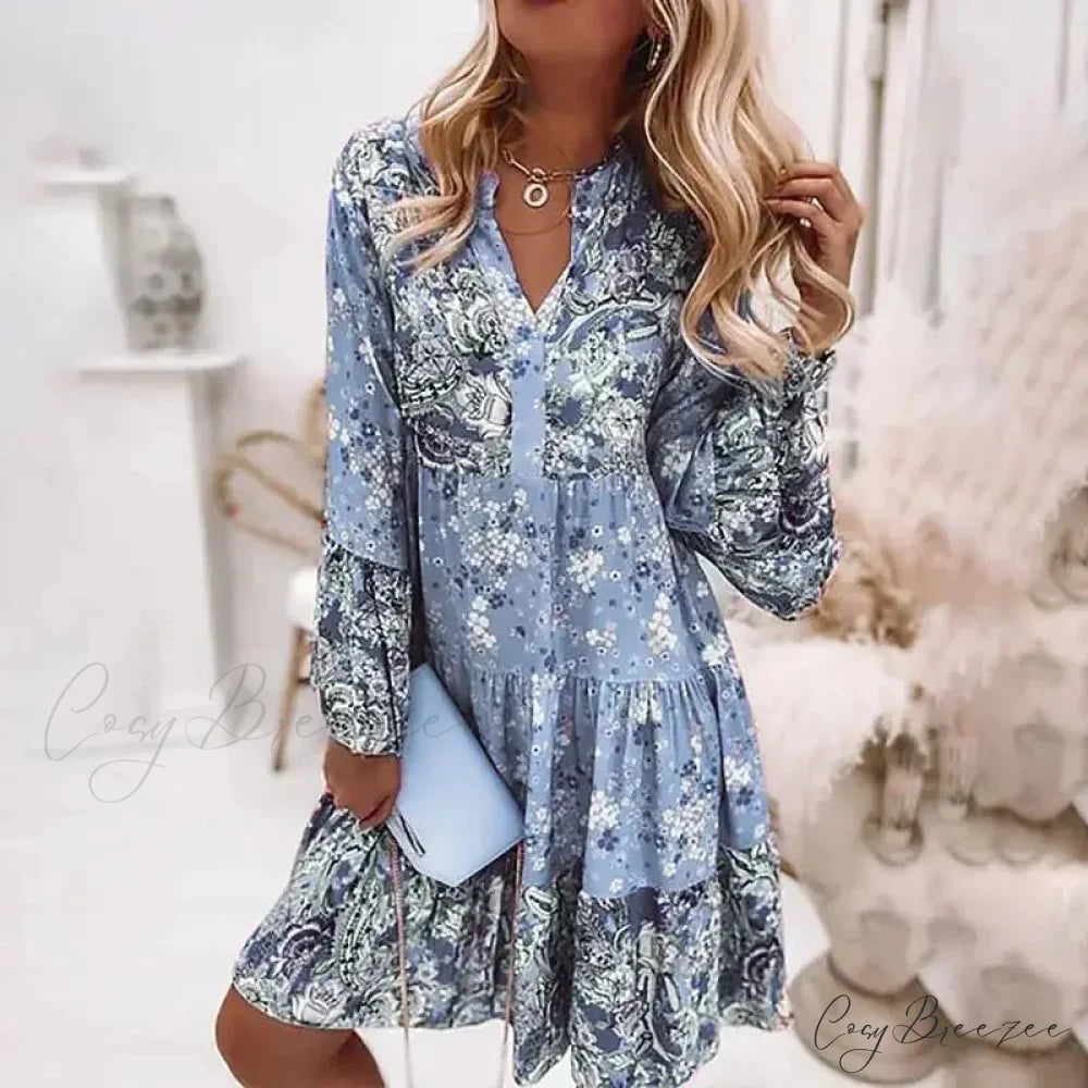 Boho Casual V-neck Loose A-line Beach Party Dress Blue / S oldfloraldress-250126