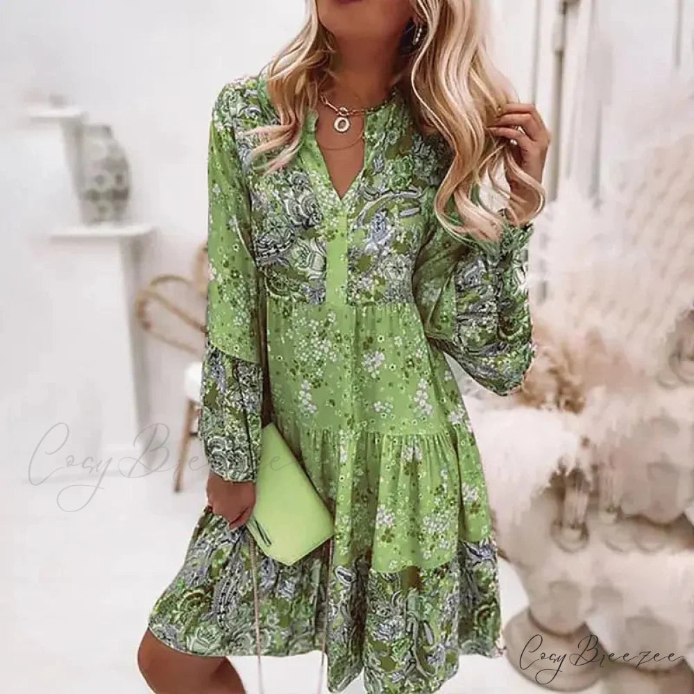 Boho Casual V-neck Loose A-line Beach Party Dress Green / S oldfloraldress-250126
