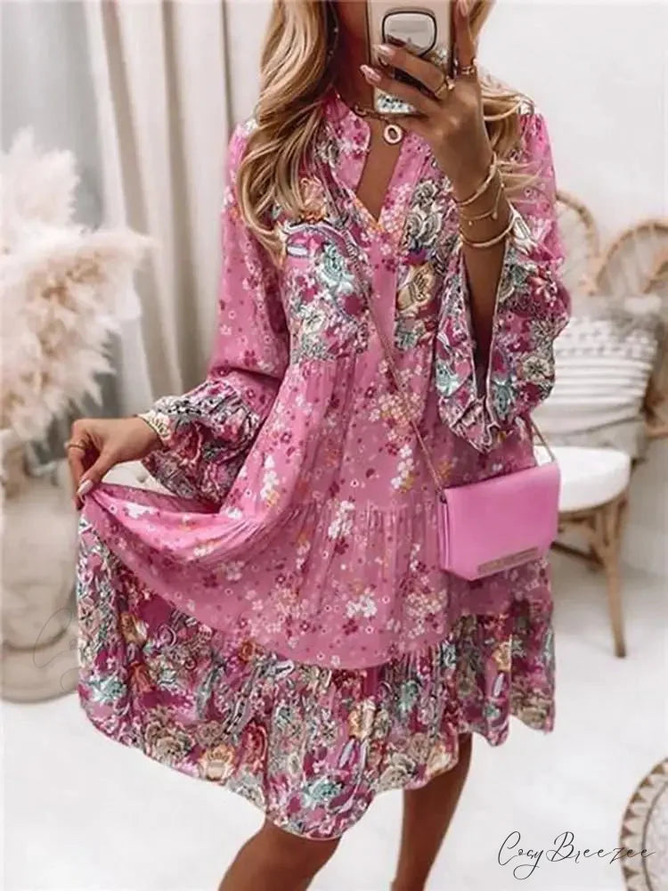 Boho Casual V-neck Loose A-line Beach Party Dress oldfloraldress-250126