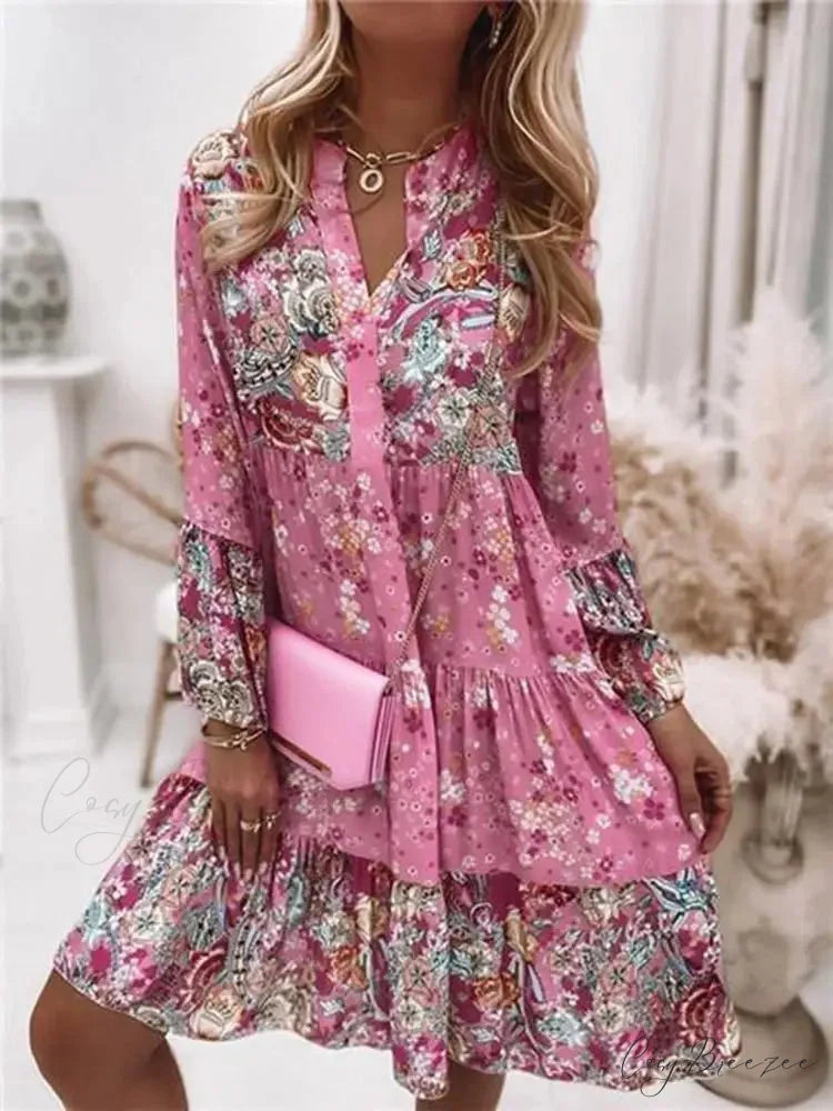 Boho Casual V-neck Loose A-line Beach Party Dress oldfloraldress-250126