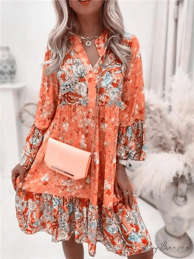 Boho Casual V-neck Loose A-line Beach Party Dress Orange / S oldfloraldress-250126