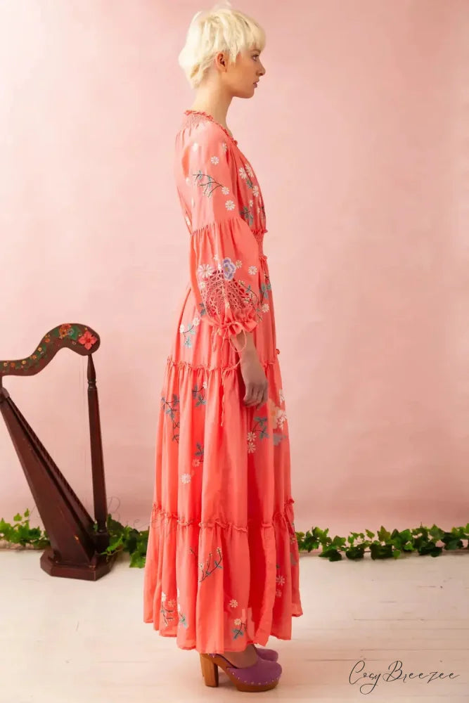 Boho Embroidery Floral Deep V High Waist Dress bohodress-250126