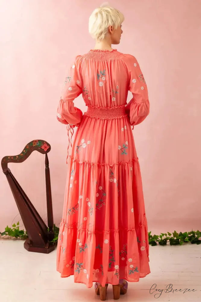 Boho Embroidery Floral Deep V High Waist Dress bohodress-250126