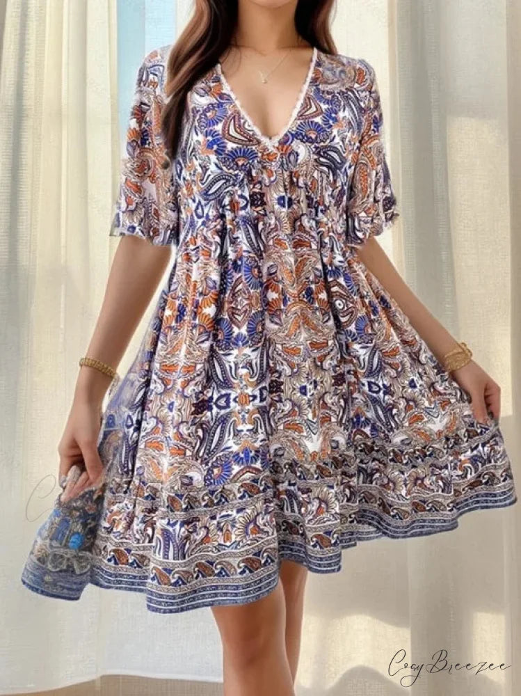 Boho Floral Mini V-neck Short Sleeve Beach Dress Blue / S oldfloraldress-250126