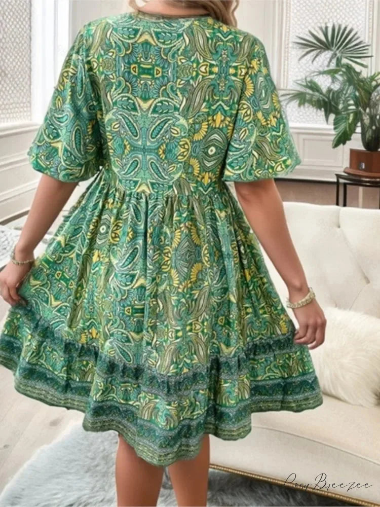 Boho Floral Mini V-neck Short Sleeve Beach Dress oldfloraldress-250126
