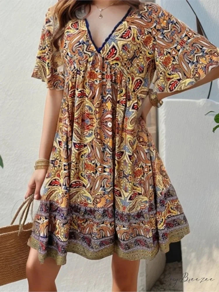 Boho Floral Mini V-neck Short Sleeve Beach Dress oldfloraldress-250126