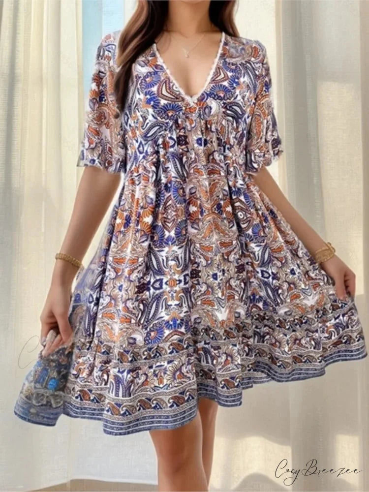 Boho Floral Mini V-neck Short Sleeve Beach Dress oldfloraldress-250126