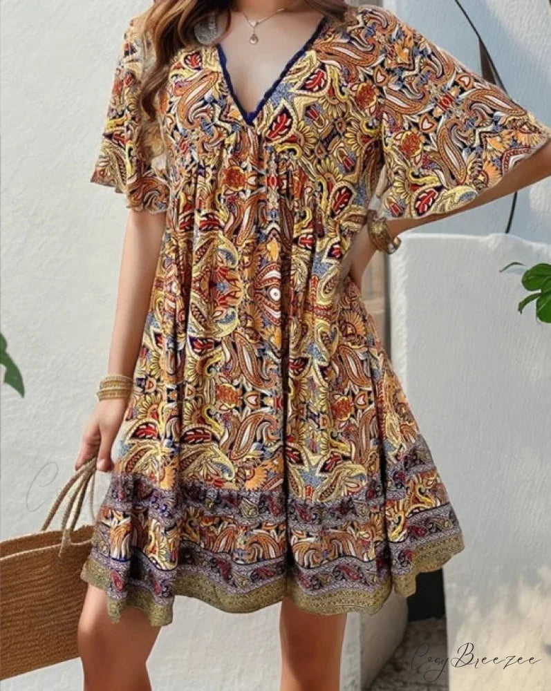 Boho Floral Mini V-neck Short Sleeve Beach Dress Yellow / S oldfloraldress-250126