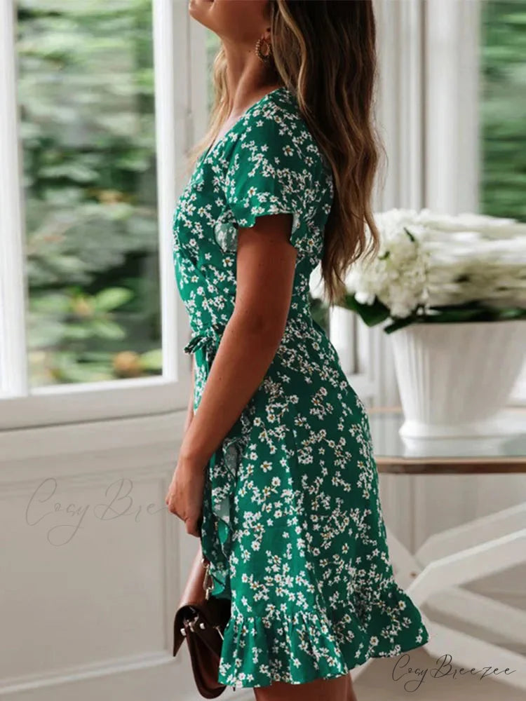Boho Floral Ruffles V-neck A-line Mini Dress oldfloraldress-250126