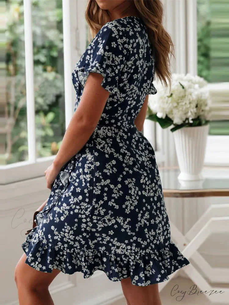 Boho Floral Ruffles V-neck A-line Mini Dress oldfloraldress-250126
