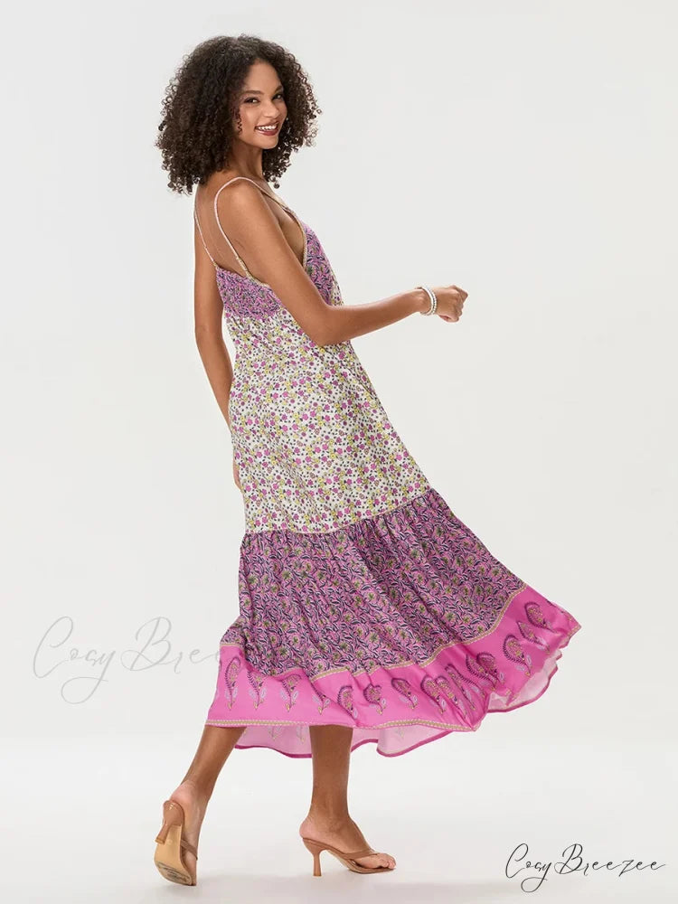 Boho Floral Spaghetti Strap Ruched Dress floraldress-250126