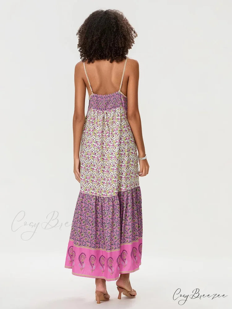 Boho Floral Spaghetti Strap Ruched Dress floraldress-250126