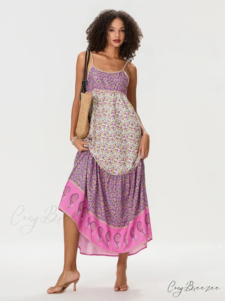 Boho Floral Spaghetti Strap Ruched Dress floraldress-250126