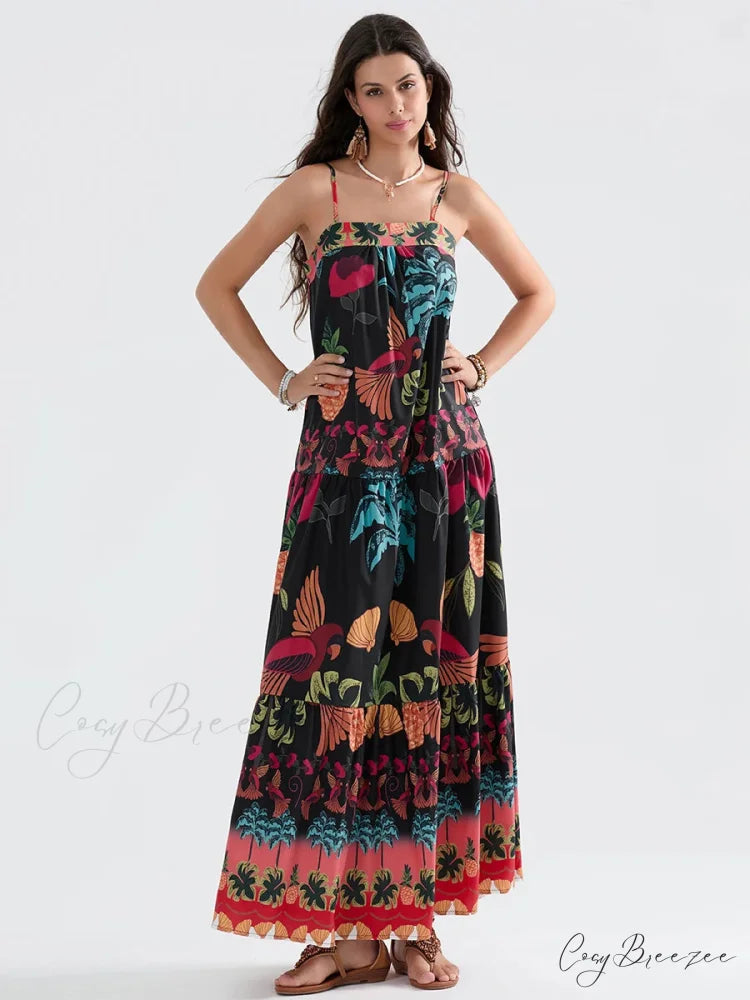 Boho Flowy Leaves Floral Ruched A-Line Dress BLACK / S floraldress-250126