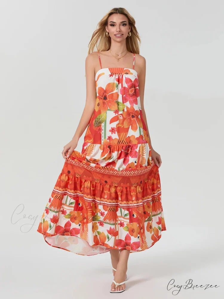 Boho Flowy Leaves Floral Ruched A-Line Dress floraldress-250126