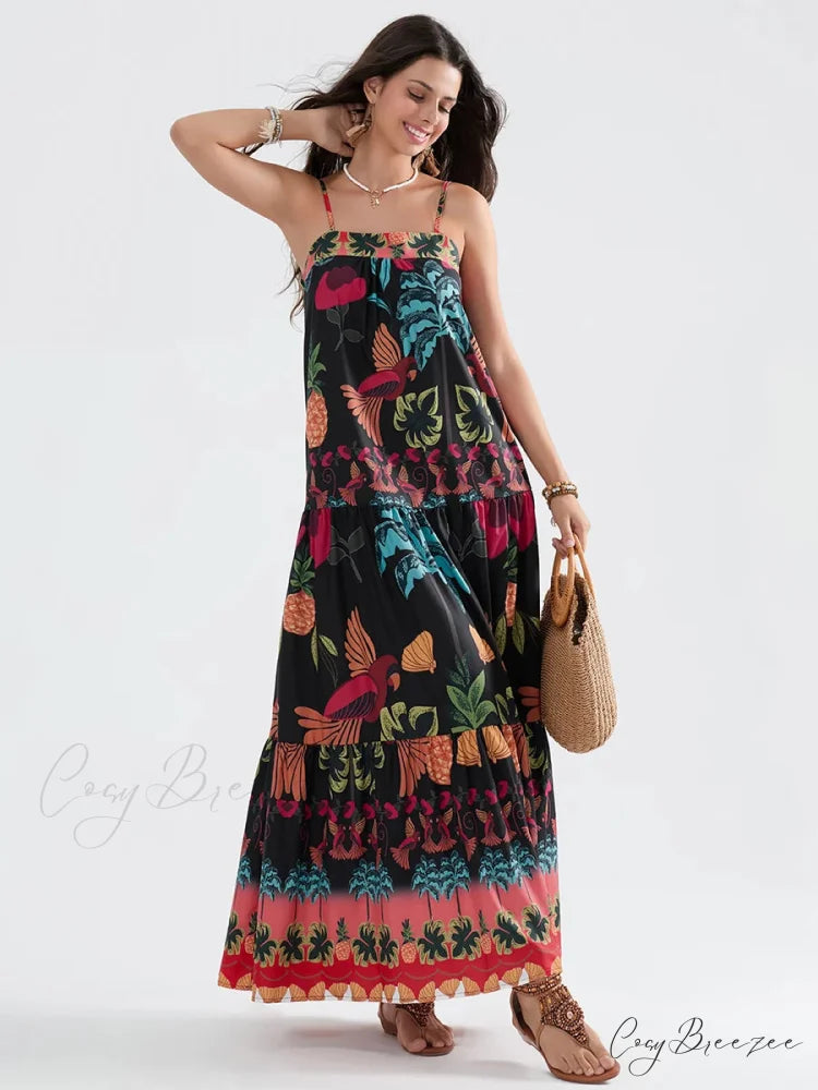 Boho Flowy Leaves Floral Ruched A-Line Dress floraldress-250126