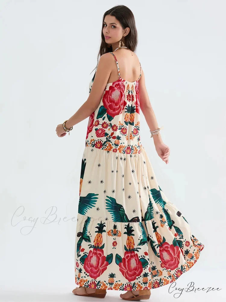 Boho Flowy Leaves Floral Ruched A-Line Dress floraldress-250126