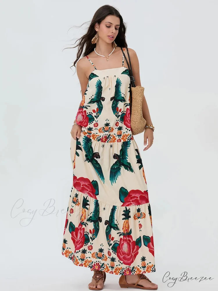Boho Flowy Leaves Floral Ruched A-Line Dress WHITE / S floraldress-250126