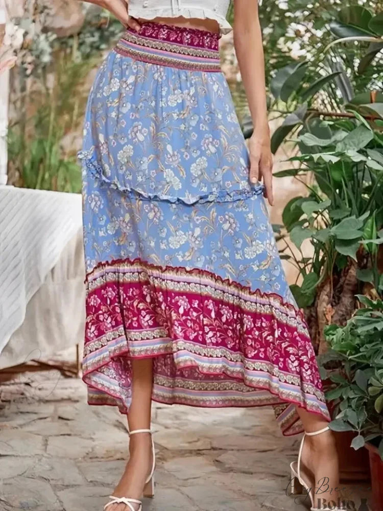 Boho High Waist Ruffled Floral Maxi Skirt Rayon Beach Femme Blue / S skirt-250126