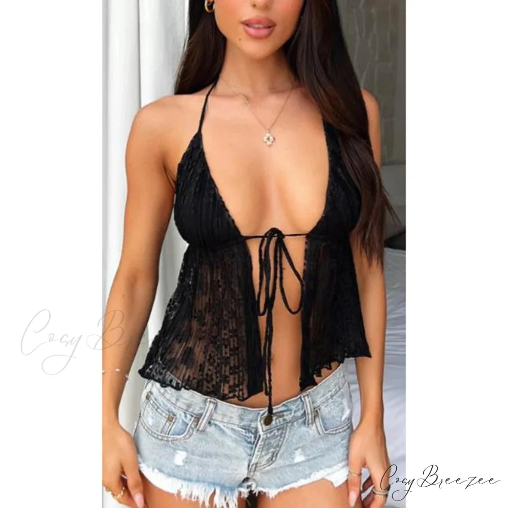 Boho Lace Tie-Up Crop Top black / S croptop-250223