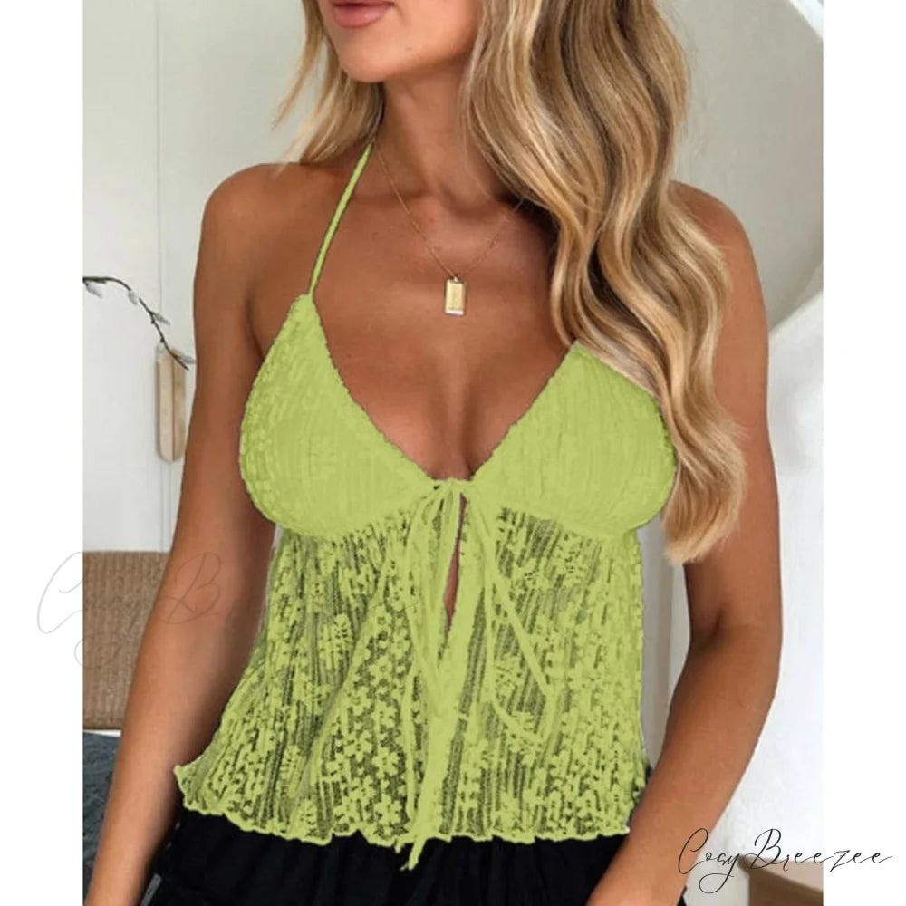 Boho Lace Tie-Up Crop Top green / S croptop-250223