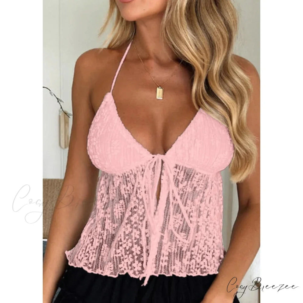 Boho Lace Tie-Up Crop Top pink / S croptop-250223