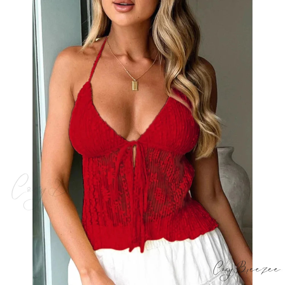 Boho Lace Tie-Up Crop Top red / S croptop-250223