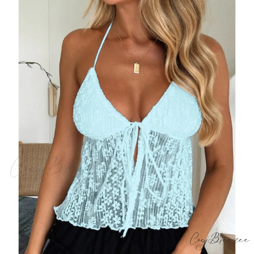 Boho Lace Tie-Up Crop Top sky blue / S croptop-250223