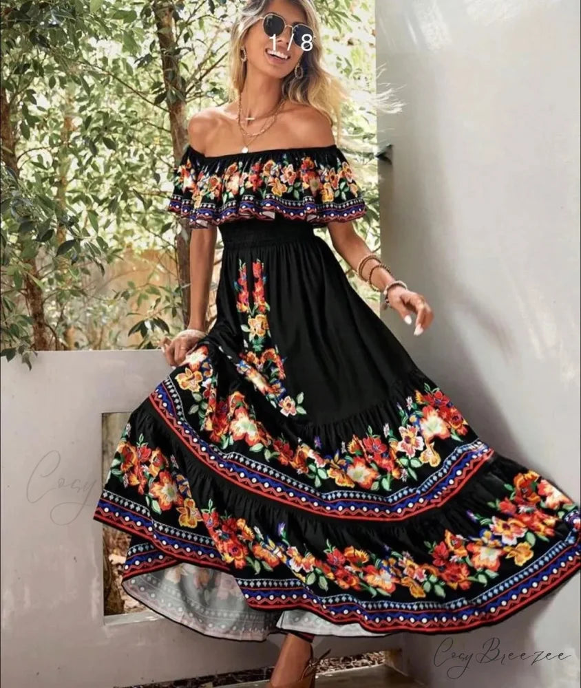 Boho Off-shoulder Frilled Floral Print Maxi Dress Black / S floraldress-250126