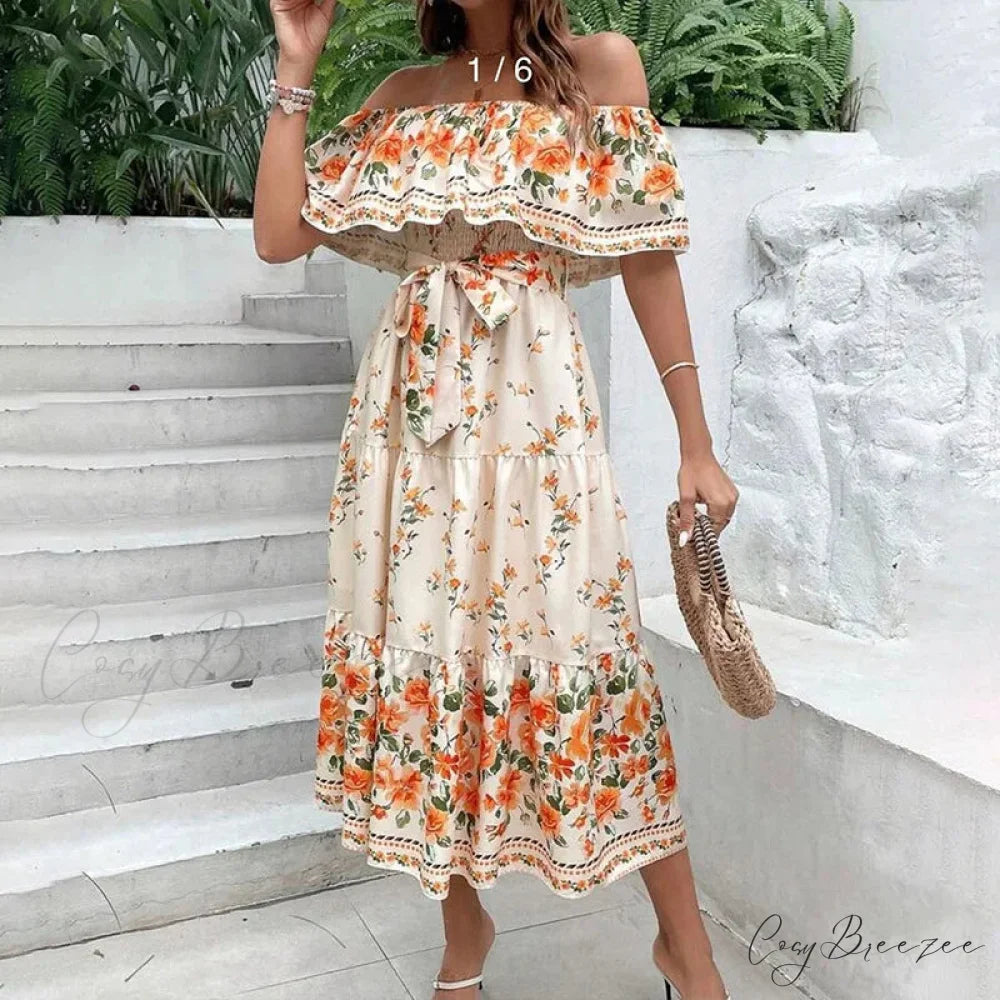 Boho Off-shoulder Frilled Floral Print Maxi Dress Pale yellow / S floraldress-250126