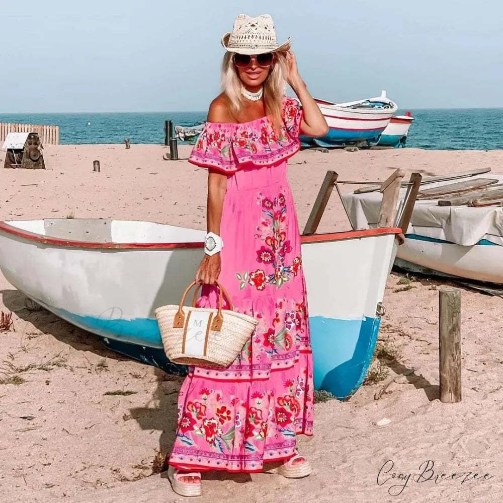 Boho Off-shoulder Frilled Floral Print Maxi Dress Pink / S floraldress-250126