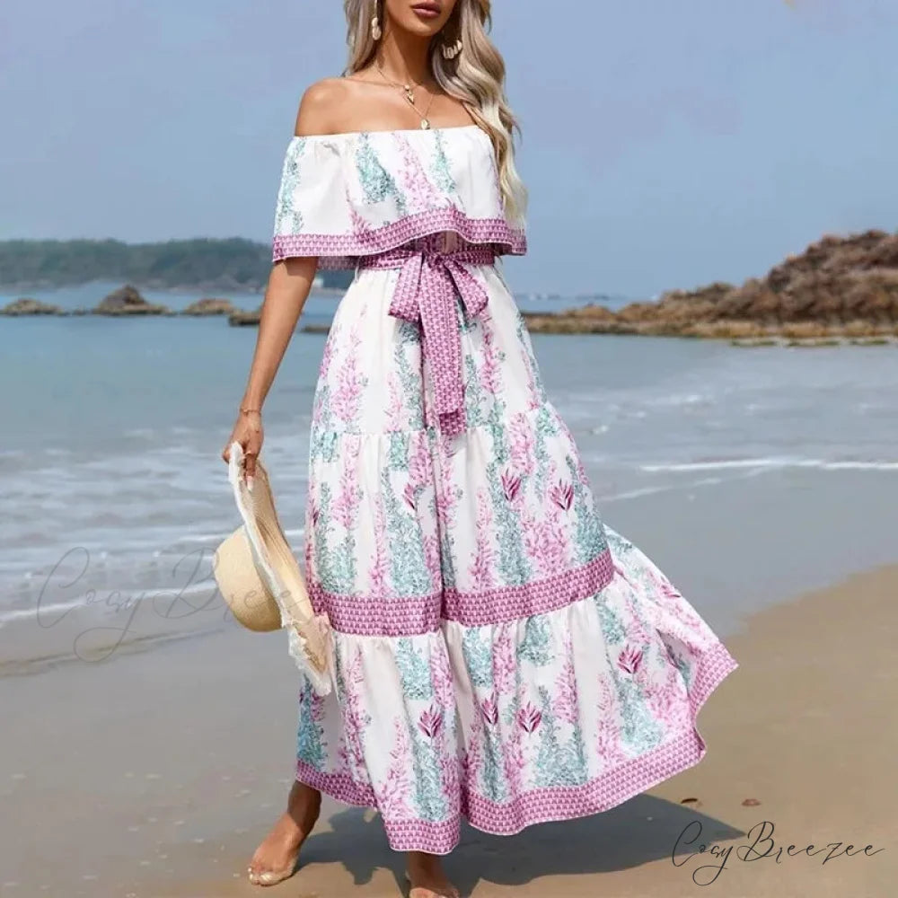 Boho Off-shoulder Frilled Floral Print Maxi Dress pinkish-white / S floraldress-250126