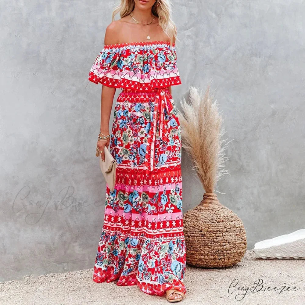 Boho Off-shoulder Frilled Floral Print Maxi Dress Red / S floraldress-250126