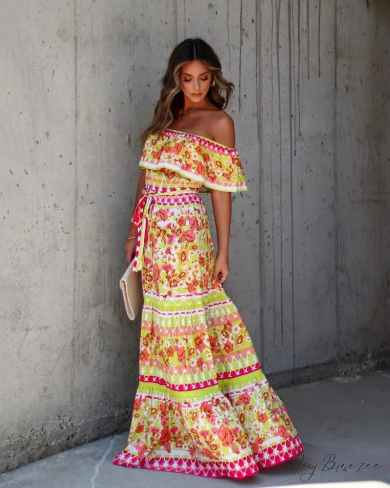 Boho Off-shoulder Frilled Floral Print Maxi Dress Reddish yellow / S floraldress-250126