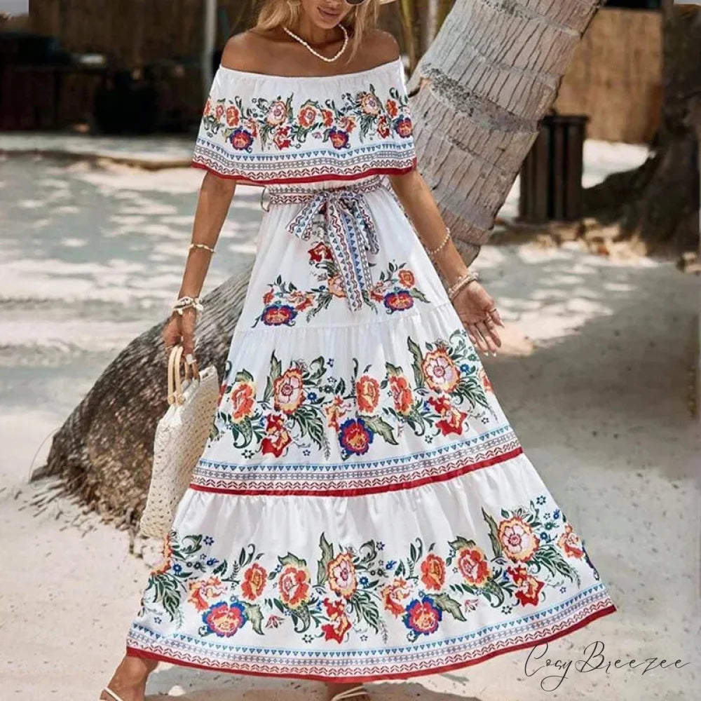 Boho Off-shoulder Frilled Floral Print Maxi Dress White / S floraldress-250126