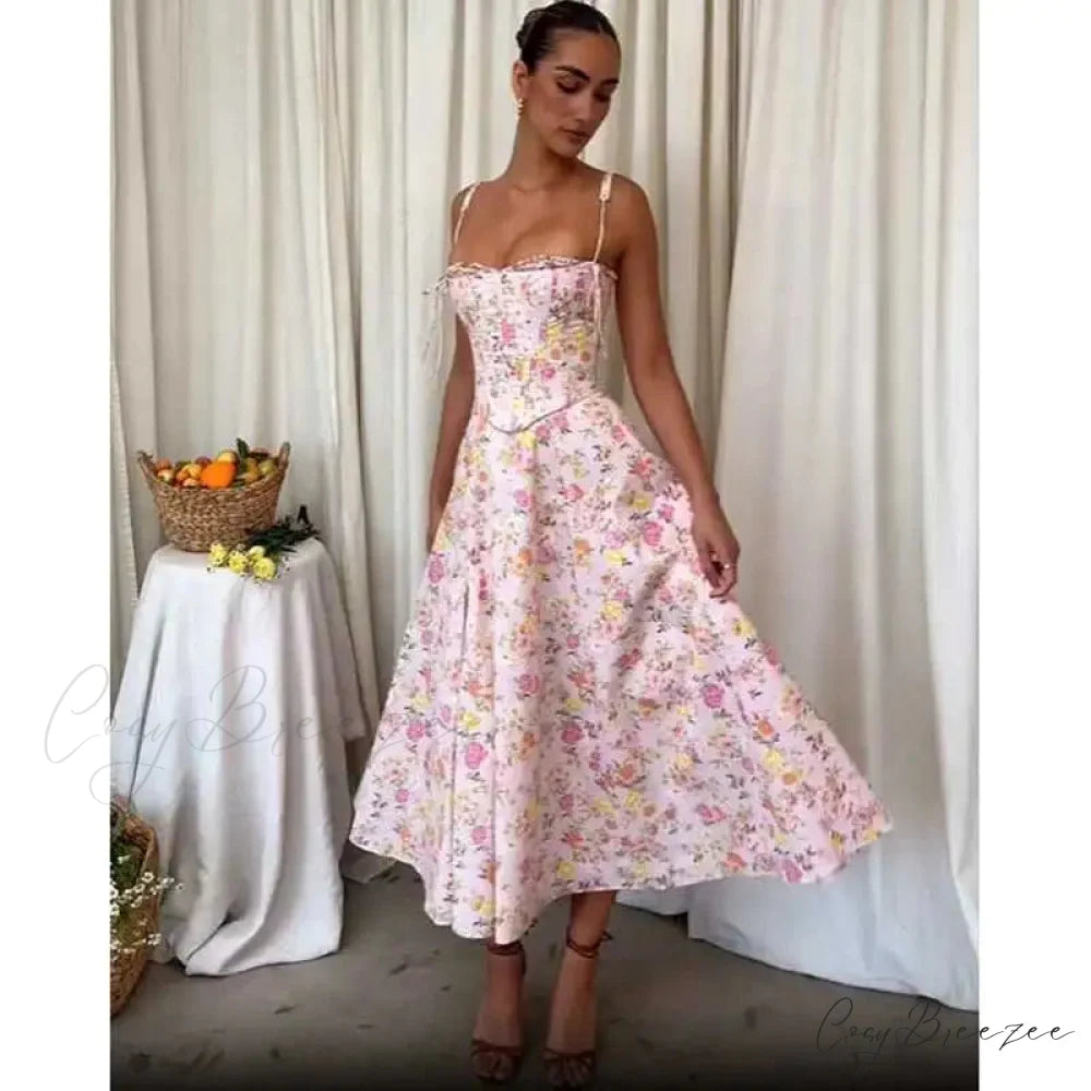 Boho Pink Floral Print Cotton Strapless Dress Fuchsia / S