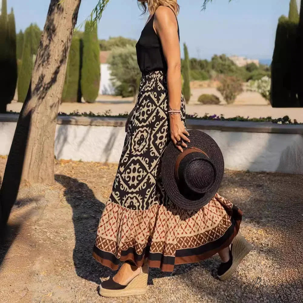 Boho Print High Waist Maxi Skirt Casual Loose Summer Skirt skirt-250126