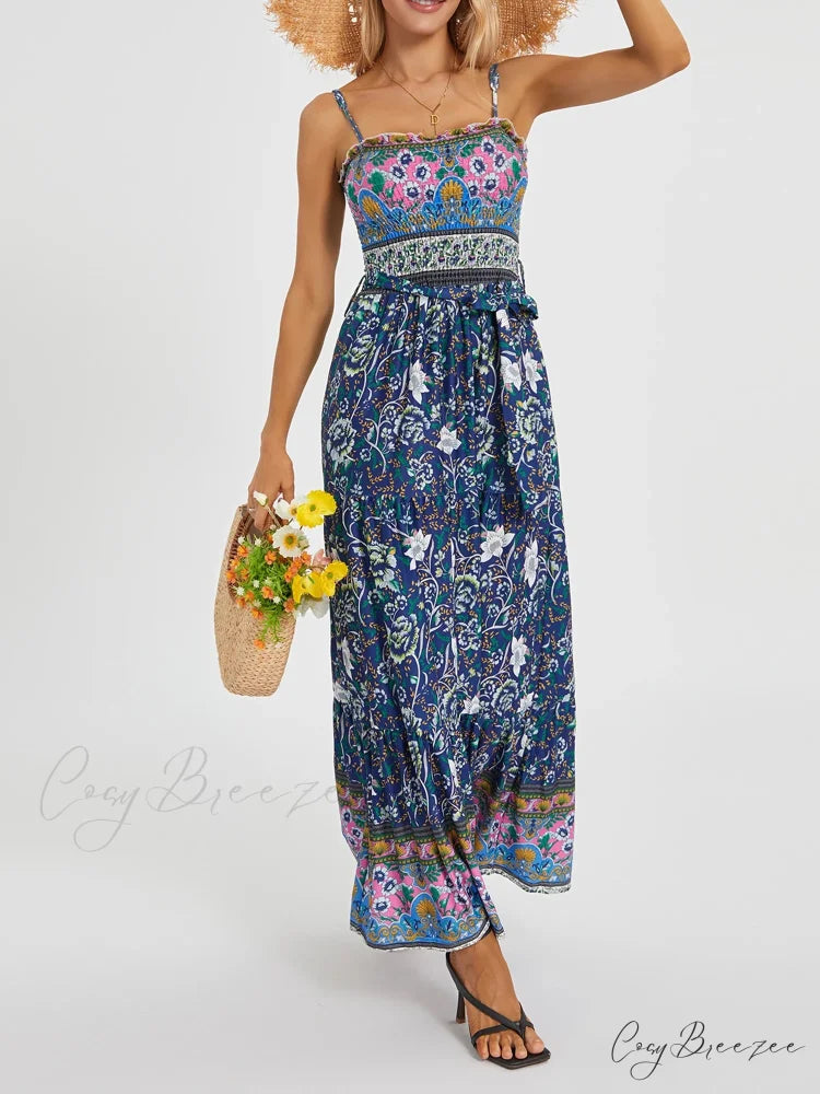 Boho Retro Floral Swing Spaghetti Straps Belted Long Dress Blue / S floraldress-250126