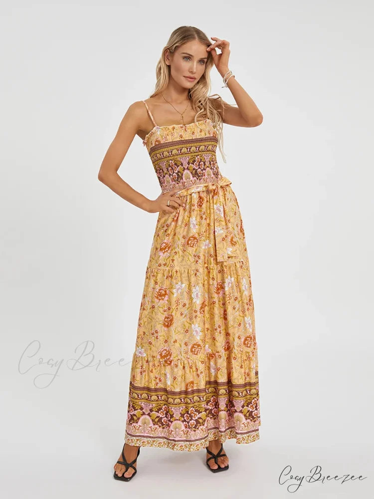 Boho Retro Floral Swing Spaghetti Straps Belted Long Dress floraldress-250126
