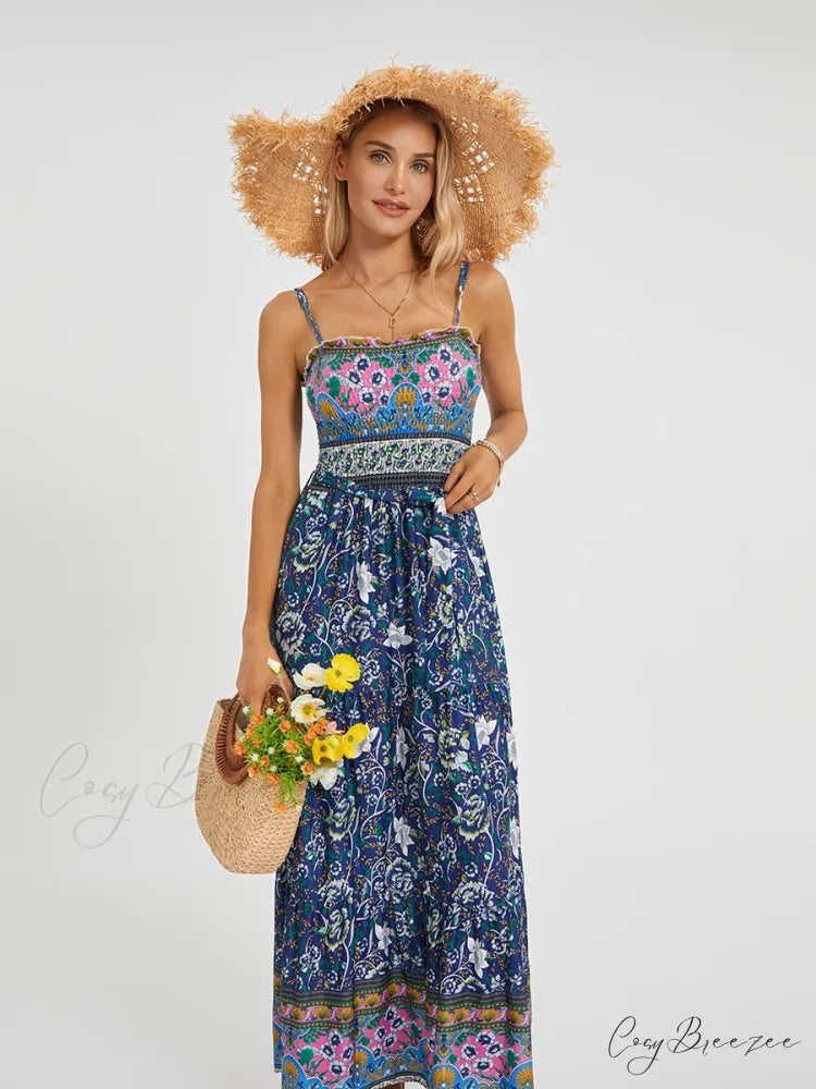 Boho Retro Floral Swing Spaghetti Straps Belted Long Dress floraldress-250126