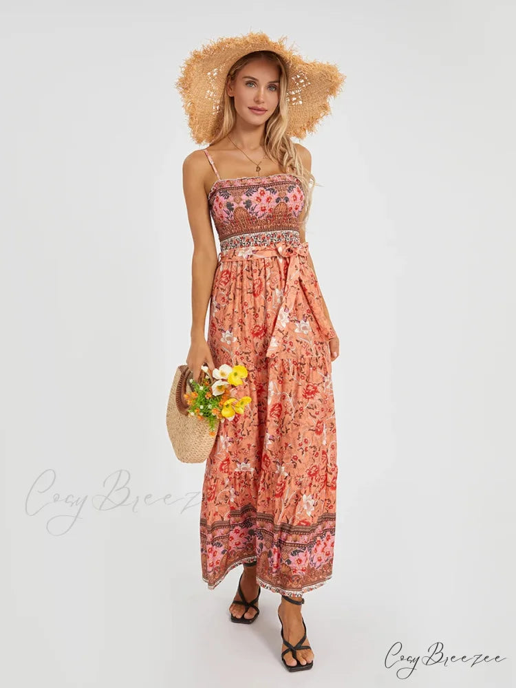 Boho Retro Floral Swing Spaghetti Straps Belted Long Dress floraldress-250126