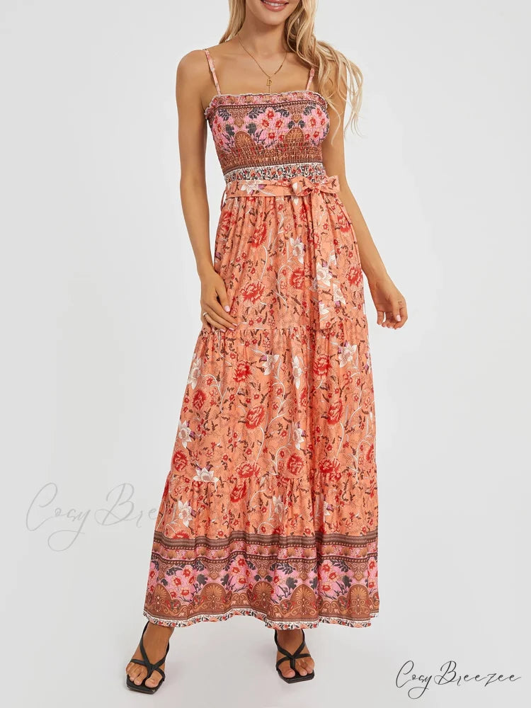 Boho Retro Floral Swing Spaghetti Straps Belted Long Dress Orange / S floraldress-250126