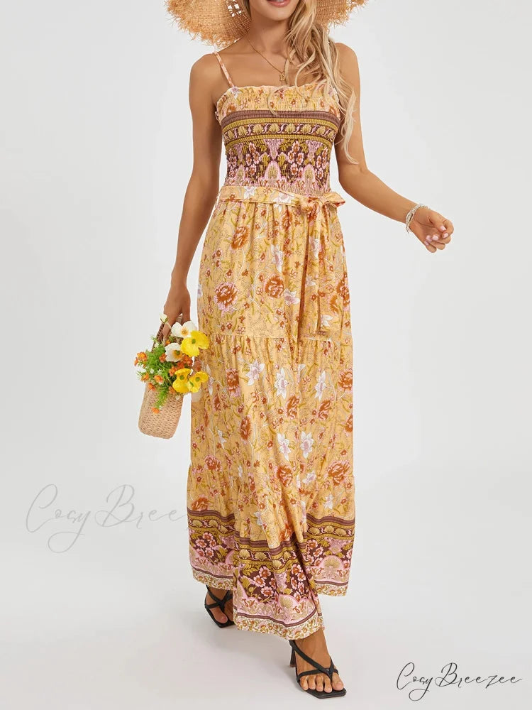 Boho Retro Floral Swing Spaghetti Straps Belted Long Dress Yellow / S floraldress-250126