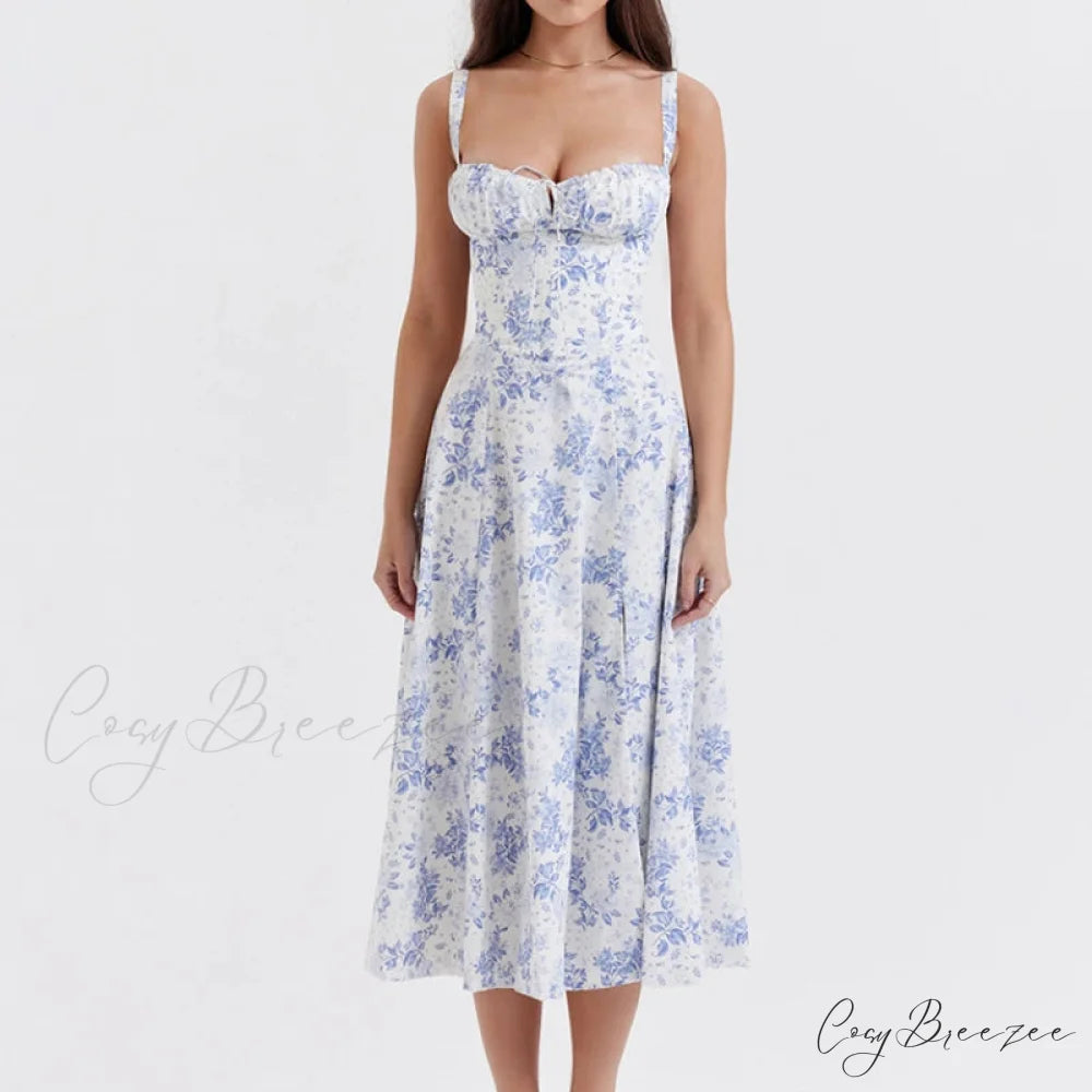 Boho Spaghetti Straps Tie Front Floral Dress Blue Floral / S