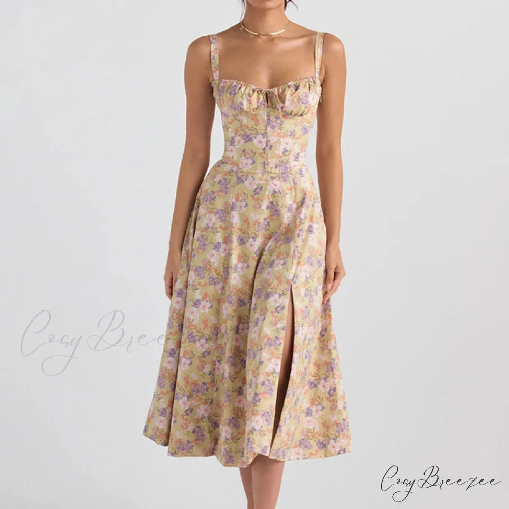 Boho Spaghetti Straps Tie Front Floral Dress Lavender / S