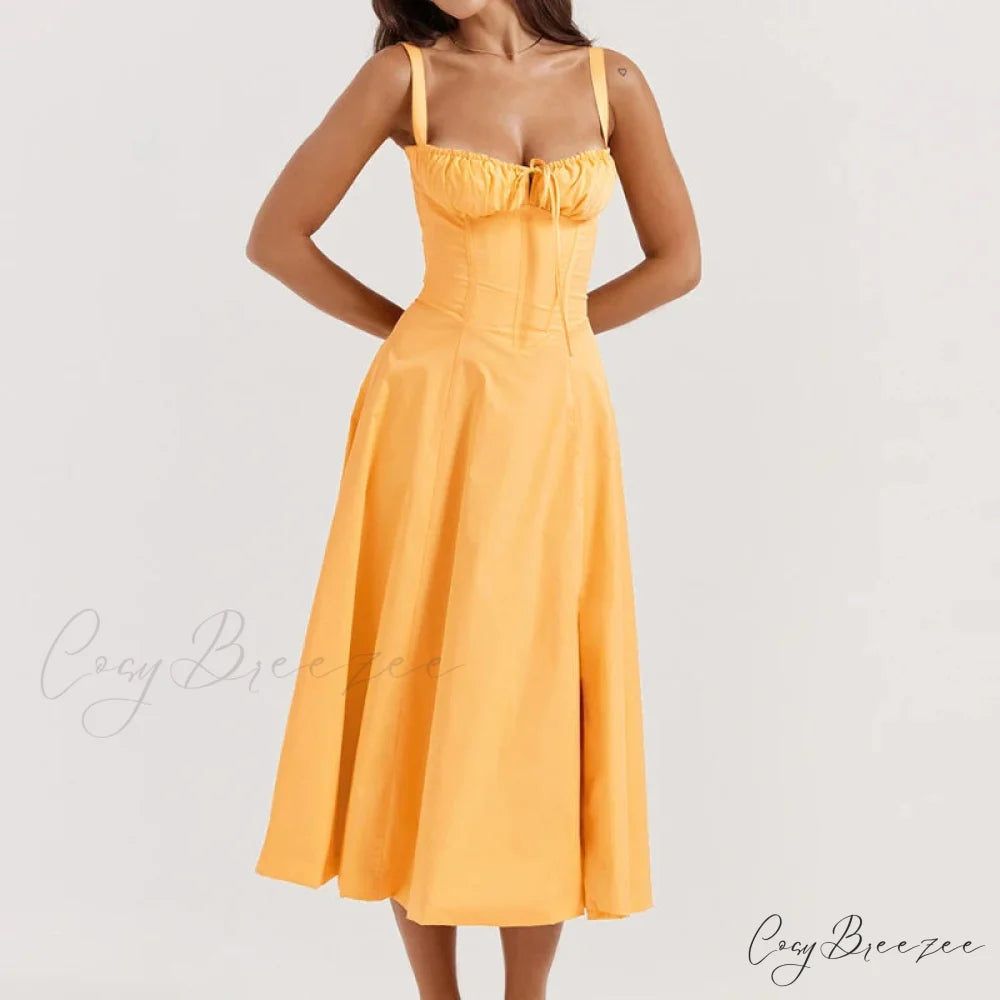 Boho Spaghetti Straps Tie Front Floral Dress Orange / S